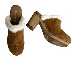 ESPRIT Women’s Wina Golden Tan Suede Clog/Mule Studded Cream Sherpa Lined 7.5